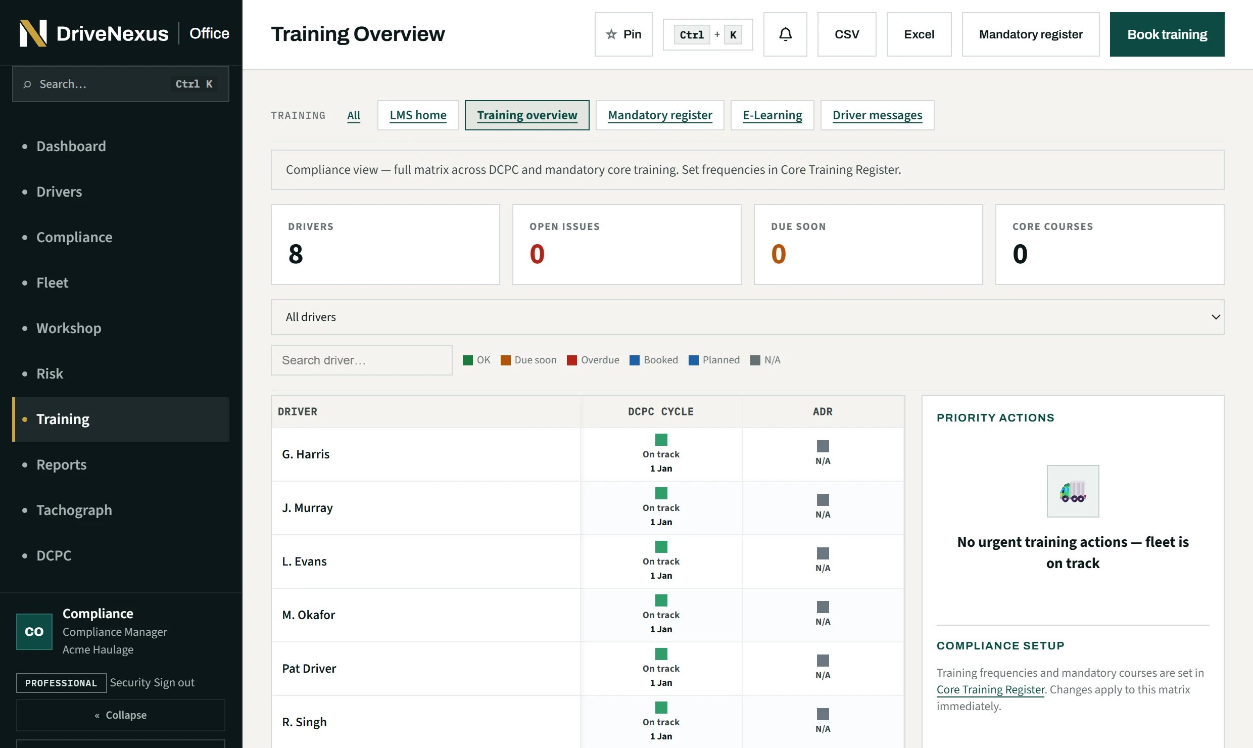 The Training Overview in DriveNexus Office: each driver's DCPC cycle and ADR status in a colour-coded matrix with priority actions.