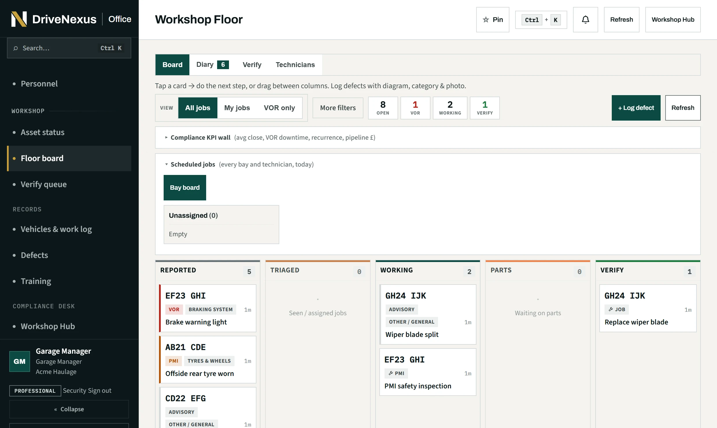 The Workshop Floor board in DriveNexus Office: defects and job cards moving from reported to triaged, working, parts and verify.